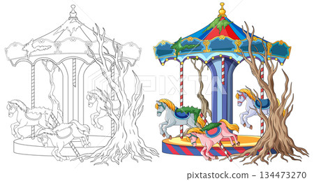 Abandoned Carousel with Haunted Trees Vector Illustration Abandoned Carousel with Haunted Trees Vector Illustration 134473270