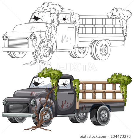 Abandoned Old Truck Overgrown With Moss and Vines 134473273
