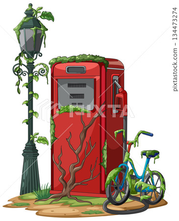 Overgrown Gas Pump with Bicycle and Lamp Post Overgrown Gas Pump with Bicycle and Lamp Post 134473274