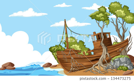 Abandoned Wooden Shipwreck Overtaken by Coastal Trees 134473275