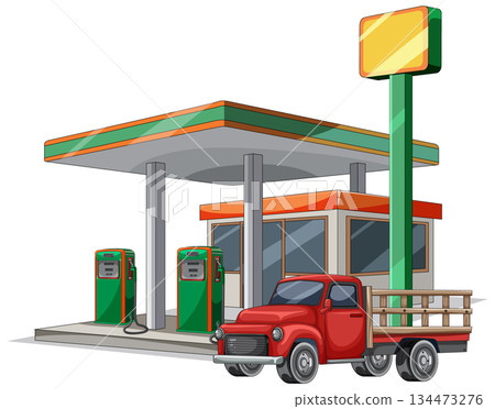 Red Vintage Pickup Truck at Retro Gas Station Red Vintage Pickup Truck at Retro Gas Station 134473276