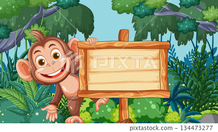 Smiling Cartoon Monkey Holding Wooden Jungle Sign 134473277