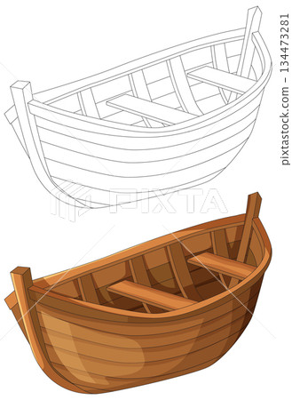 Wooden Rowboat Vector Illustration with Outline and Color Versions Wooden Rowboat Vector Illustration with Outline and Color Versions 134473281