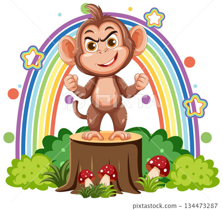 Confident Cartoon Monkey Standing on Tree Stump with Rainbow 134473287