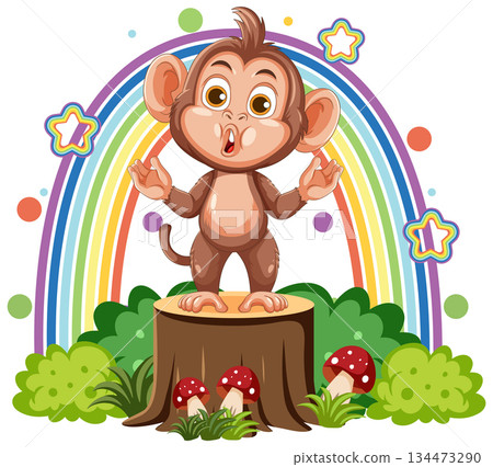 Cartoon Monkey Standing on Tree Stump with Rainbow Cartoon Monkey Standing on Tree Stump with Rainbow 134473290