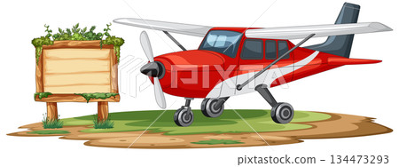 Red Small Airplane Parked Beside Wooden Signboard 134473293