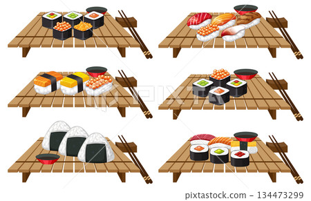 Assorted Sushi and Onigiri on Wooden Serving Boards Assorted Sushi and Onigiri on Wooden Serving Boards 134473299