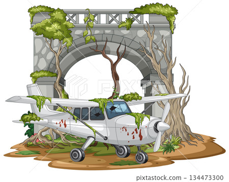 Abandoned Small Airplane Under Overgrown Stone Bridge 134473300