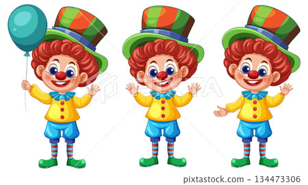 Cheerful Cartoon Clown Characters With Colorful Outfits Cheerful Cartoon Clown Characters With Colorful Outfits 134473306