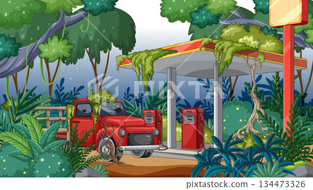 Abandoned Jungle Gas Station With Overgrown Red Pickup Truck 134473326
