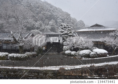 Snowy scenery in front of the gate along the canal 134473441