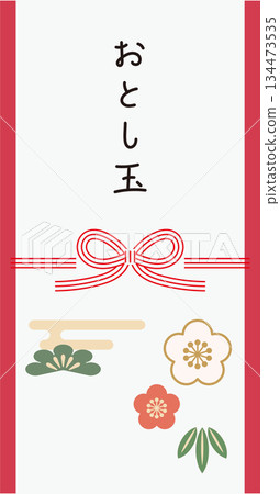 New Year's gift bag illustration material (pine, bamboo, plum, and bow-knotted Mizuhiki) 134473535