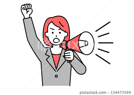一名身穿西裝的女子拿著擴音器抗議 一名身穿西裝的女子拿著擴音器抗議 134473569