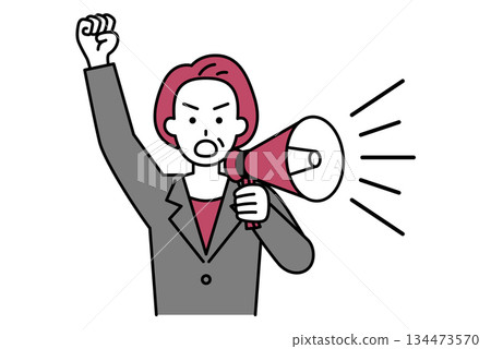 A middle-aged woman in a suit protesting with a loudspeaker A middle-aged woman in a suit protesting with a loudspeaker 134473570