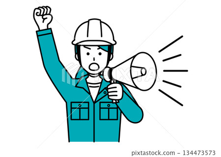 一名女建築工人用擴音器抗議 一名女建築工人用擴音器抗議 134473573