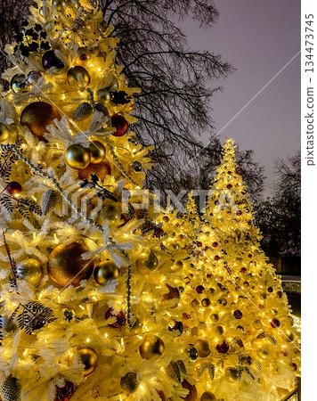 bright holiday trees illuminate walkways, radiant christmas displays create enchanting evening scenery bright holiday trees illuminate walkways, radiant christmas displays create enchanting evening scenery 134473745