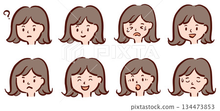 Illustration set of young women's faces with various expressions 134473853