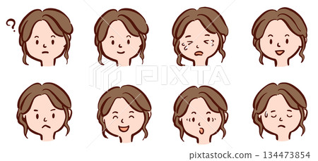 一組年輕女性臉部表情各異的插畫 134473854
