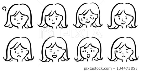 Young woman's face illustration set line drawing 134473855