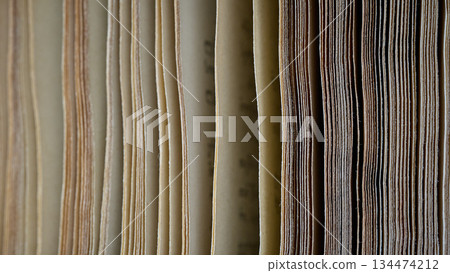 Close view of pages from an open book showing their edges. 134474212