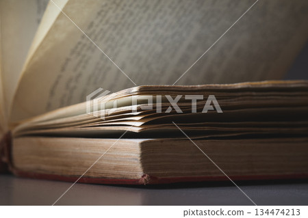 Pages of an old book are open on a flat surface showing text. Pages of an old book are open on a flat surface showing text. 134474213