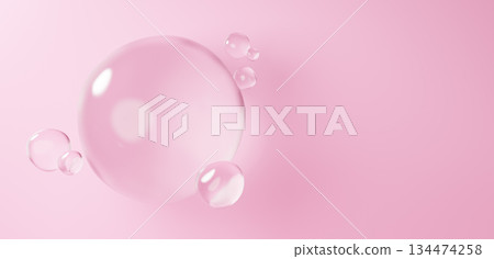 Multiple water spheres floating on a pink background. Water droplets. Copy space. 3D (landscape) 134474258
