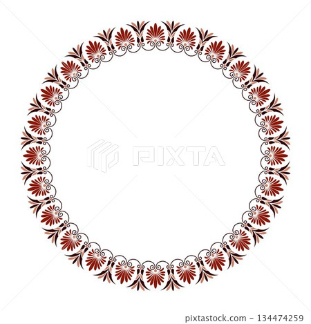 Round frame Greek porcelain plate with pattern. Frame arabesque. Plate with floral elements. Egyptian pattern. Ancient Greece, Roman Empire. Pattern frame for circle ceramics, textiles, plate. 134474259