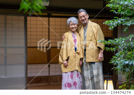 Senior couple enjoying a hot spring trip. Photo courtesy of Ito Ryokuyo. 134474274