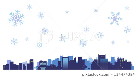 雪花圖案和簡潔的城市景觀輪廓。背景插圖。城市景觀。 雪花圖案和簡潔的城市景觀輪廓。背景插圖。城市景觀。 134474384