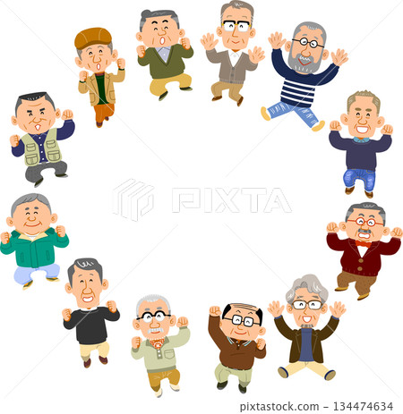 十二名老年男子圍成一個圈跳躍。 134474634