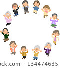 Twelve senior women jumping in a circle 134474635