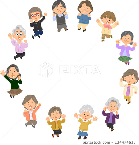 十二位高年級女性圍成一個圈跳躍 134474635