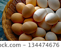 Two types of eggs in a colander 134474676