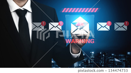 Businessman Holding Warning Icon About Email Threats, Cybersecurity Alert with Illustrative Graphic in Digital Environment, Technology Concept Gantry Businessman Holding Warning Icon About Email Threats, Cybersecurity Alert with Illustrative Graphic in Digital Environment, Technology Concept Gantry 134474733