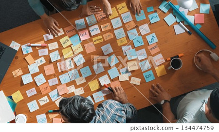 Top view of smart manager talking and explain idea and clapping idea. Symposium. 134474759