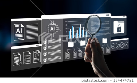 Analyzing Data with Artificial Intelligence Visualizations and Charts in a Dark Setting Featuring a Hand Holding a Magnifying Glass Gantry Analyzing Data with Artificial Intelligence Visualizations and Charts in a Dark Setting Featuring a Hand Holding a Magnifying Glass Gantry 134474781