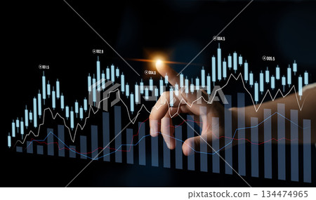 Person Interacting with Digital Financial Data on a Dark Background Representing Stock Market Trends and Financial Analysis Scalp Person Interacting with Digital Financial Data on a Dark Background Representing Stock Market Trends and Financial Analysis Scalp 134474965