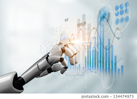 Robotic Hand Interacting with Financial Data Trends and Digital Analytics in a Modern Technology Environment Scalp Robotic Hand Interacting with Financial Data Trends and Digital Analytics in a Modern Technology Environment Scalp 134474973