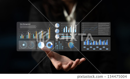 Business Professional Presenting Interactive Data Management Visuals with Various Graphs, Charts, and Infographics in a Modern Digital Environment Gantry Business Professional Presenting Interactive Data Management Visuals with Various Graphs, Charts, and Infographics in a Modern Digital Environment Gantry 134475004