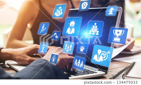 Leadership icons symbolize teamwork, vision, and decision-making. Gist 134475033