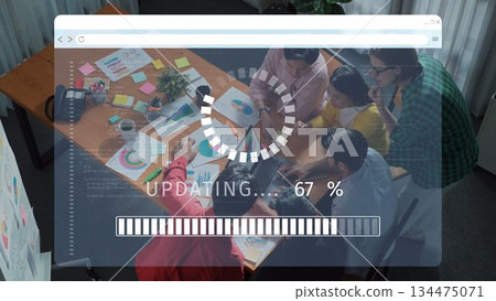 Team Collaboration in Modern Office with Loading Screen Showing Progress Bar and Business Charts on Table, Focus on Creative Work Atmosphere. Raster Team Collaboration in Modern Office with Loading Screen Showing Progress Bar and Business Charts on Table, Focus on Creative Work Atmosphere. Raster 134475071