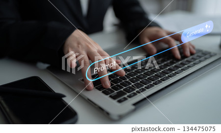 Professional hands typing on a laptop keyboard with a glowing prompt box for generating responses in a modern office environment Gantry Professional hands typing on a laptop keyboard with a glowing prompt box for generating responses in a modern office environment Gantry 134475075