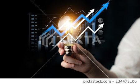 Innovative Light Bulb Representing Business Growth and Success with Graphs and Data Analysis for Financial Advancement and Progress Visualization Scalp 134475106