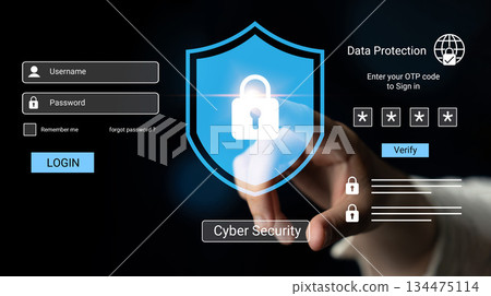 Secure Login Interface for Cyber Security with Password and Username Input, OTP Verification, and Data Protection Visual Elements Gantry 134475114
