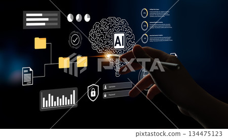 Innovative hand interacting with virtual AI brain and data charts, showcasing technology, analytics, and futuristic interface for business intelligence advancement. Gantry 134475123