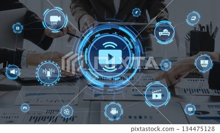 Multimedia technology icons with video, music, image and streaming concept Funnel 134475128