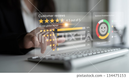 Professional analyzing customer reviews with digital analytics display showing satisfaction levels and engagement metrics in modern office environment Gantry 134475153