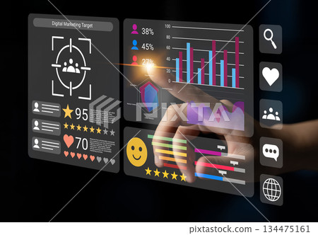 Touchscreen Interaction with Digital Marketing Dashboard Showing Charts, Graphs, and User Metrics for Business Analysis and Strategy Development Gantry Touchscreen Interaction with Digital Marketing Dashboard Showing Charts, Graphs, and User Metrics for Business Analysis and Strategy Development Gantry 134475161