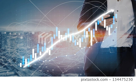 Businessman Using Smartphone with Financial Graph Overlay in Urban Setting at Dusk Showing Growth in Stock Market Performance and Investment Opportunities Copula Businessman Using Smartphone with Financial Graph Overlay in Urban Setting at Dusk Showing Growth in Stock Market Performance and Investment Opportunities Copula 134475230