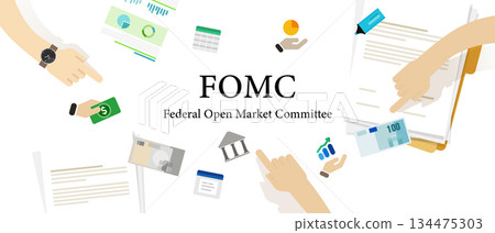 FOMC federal open market committee monetary policy decision vector illustration of hands pointing financial charts graphs and business icons FOMC federal open market committee monetary policy decision vector illustration of hands pointing financial charts graphs and business icons 134475303